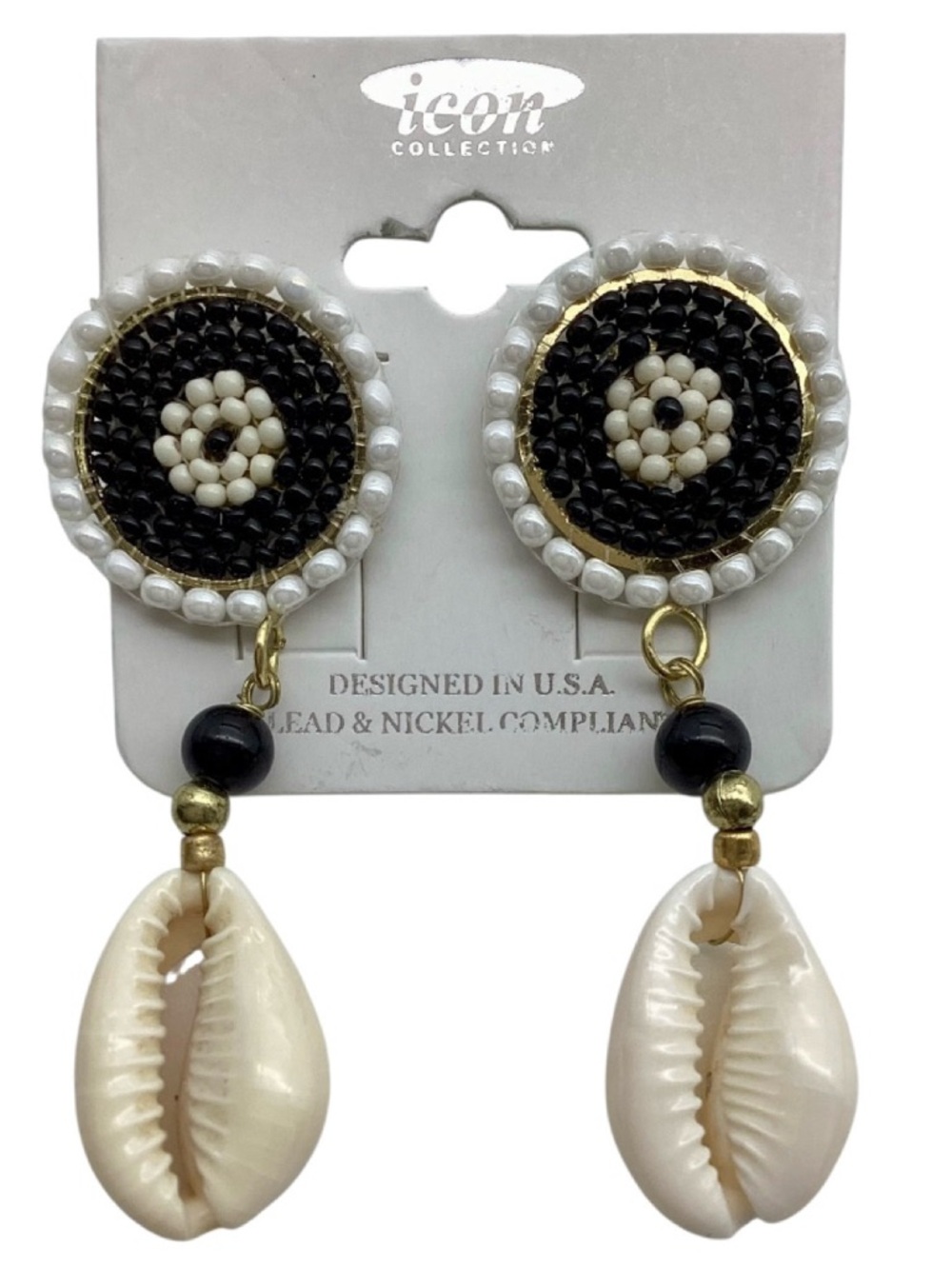 Icon Collection Black Seed Bead Cowrie Shell Drop Stud Earrings (NWT)